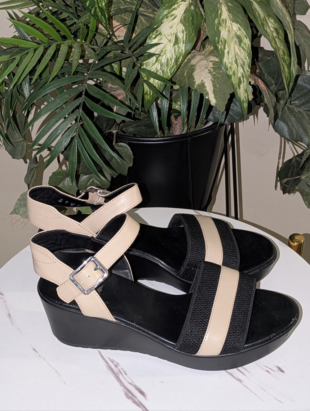Franco Sarto Black and Beige Wedge Sandals with Ankle Strap - Picture 1 of 10